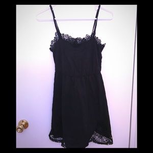 Topshop black cotton dress with lace trim.